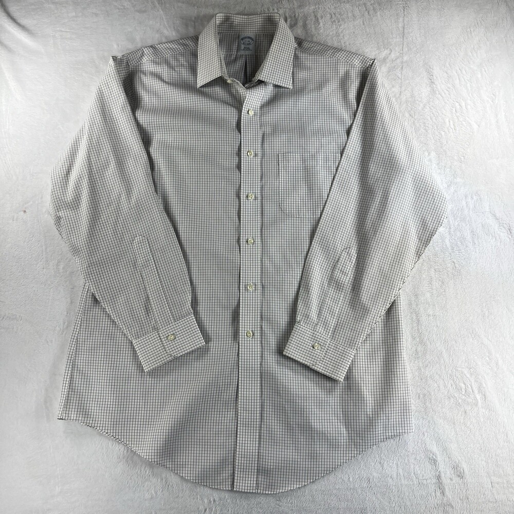 Brooks Brothers Dress Shirt Mens 17-34 Slim Fit Non-Iron All Cotton Micro Check